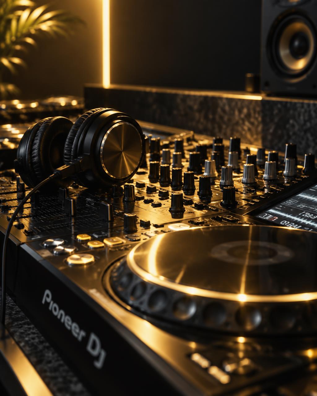 Equipamento profissional de DJ com iluminação dourada